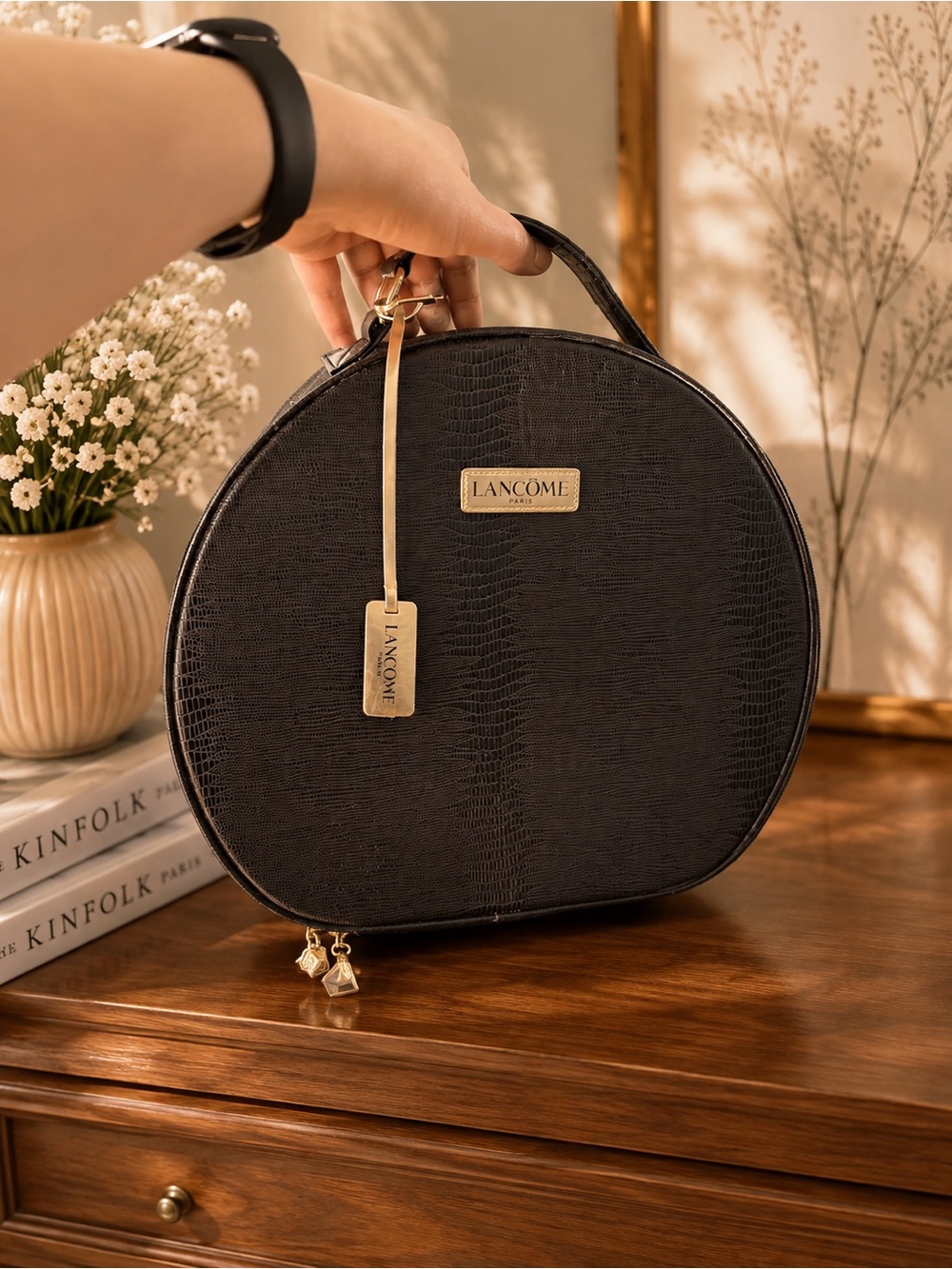 Lancome Black Round Cosmetic Case with Gold Accents